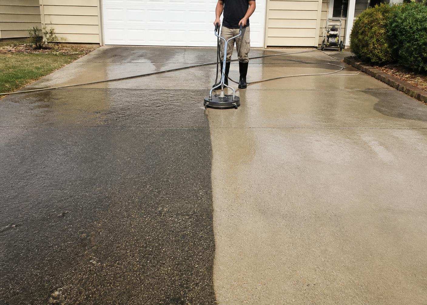 Concrete driveway half cleaned by a pressure washing surface cleaner